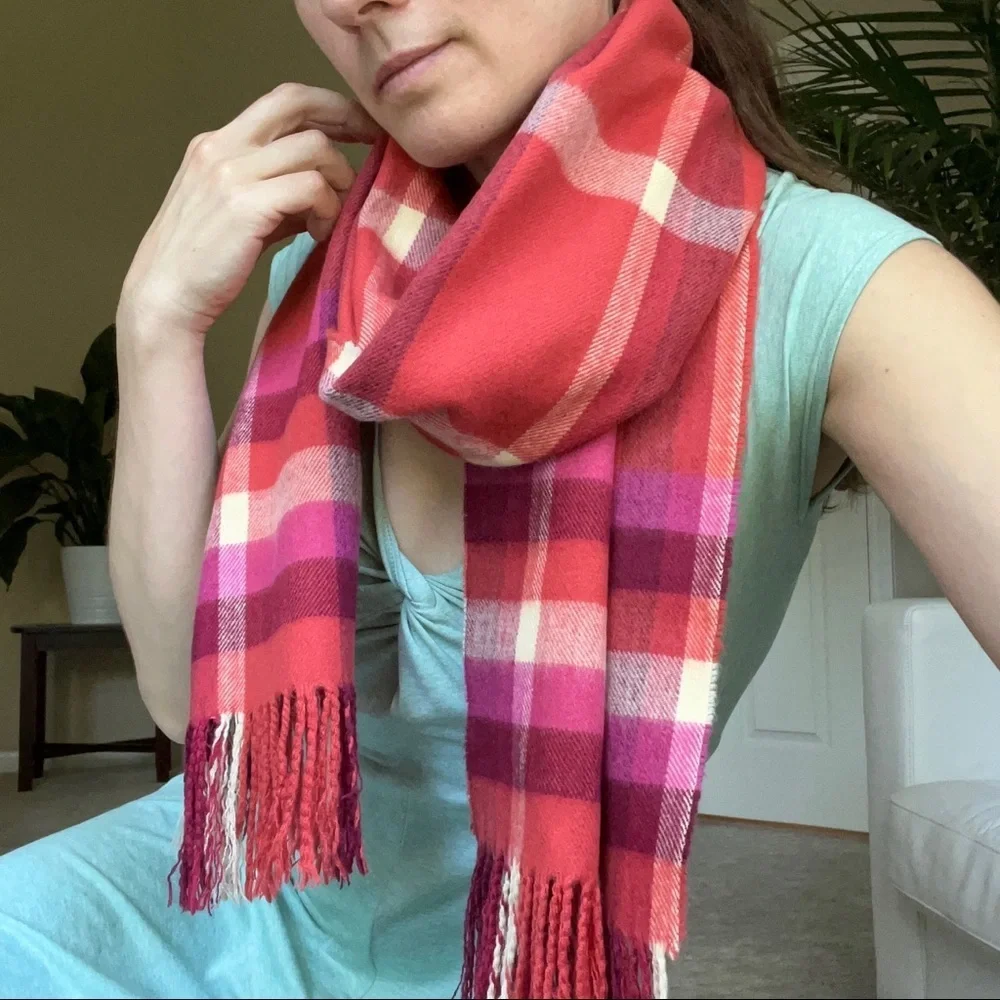 Red Pink White Large Soft Plaid Scarf with Tassels